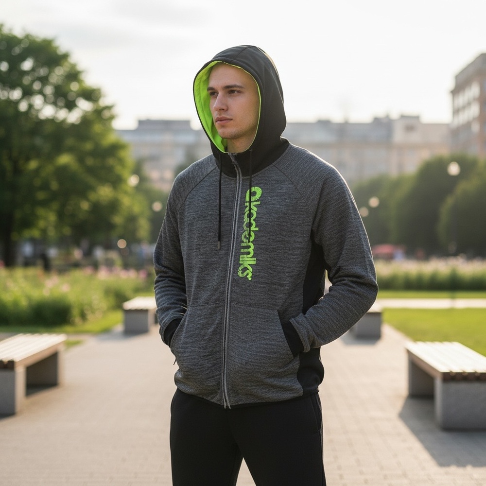 Akademiks Gray and Green Zip Up Sweater